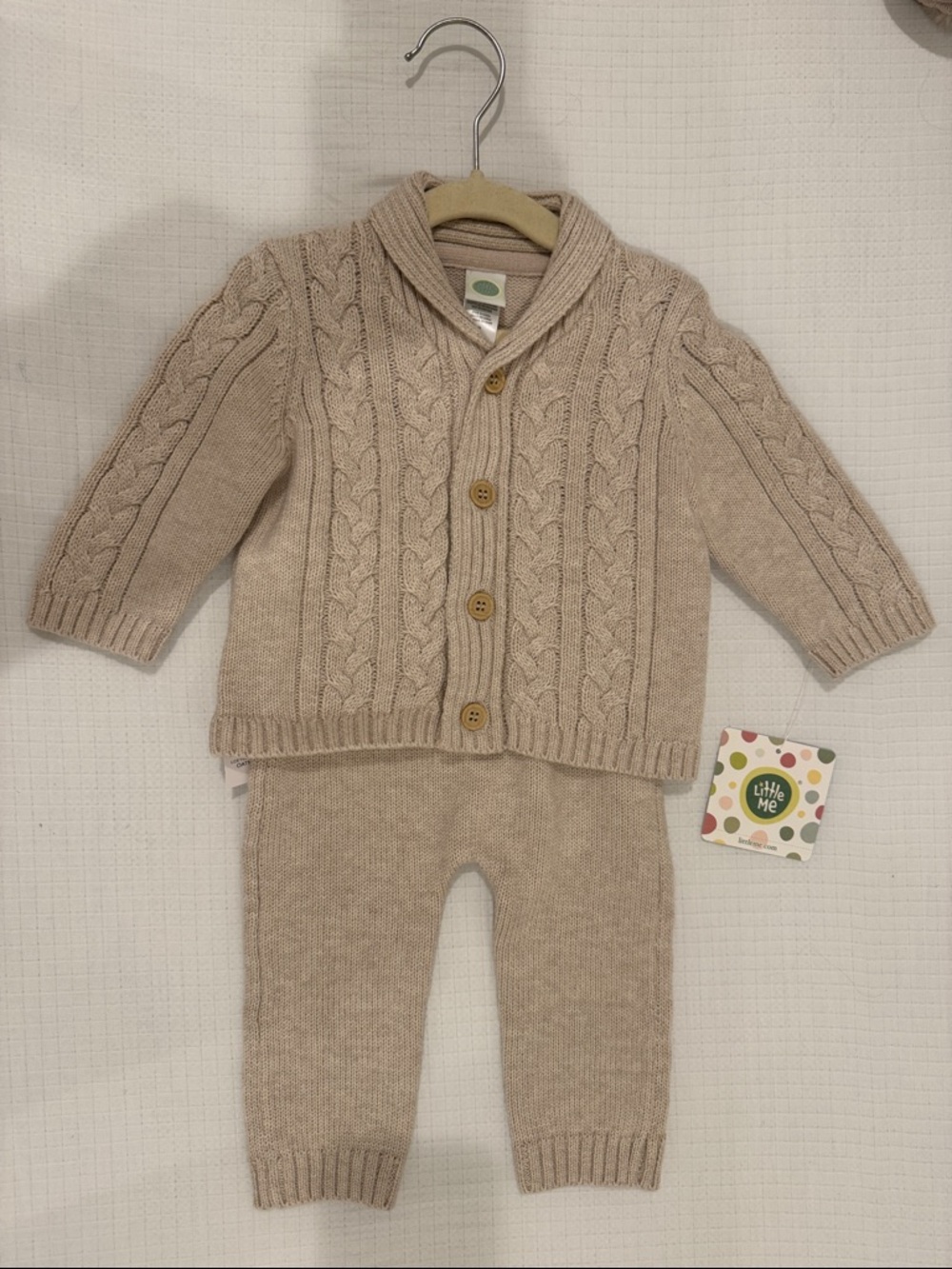 Little Me Cable Knit Shawl Collar Set - Beige